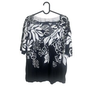 Talbots Top Shirt Women Small Black White Floral Short Sleeve Stretch Casual XL